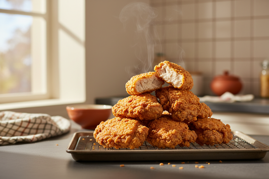 Golden fried chicken thighs on a wire rack, one broken open showing juicy meat