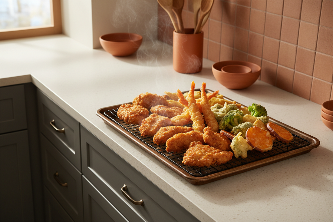 Assorted golden fried foods draining on a wire rack over a sheet pan