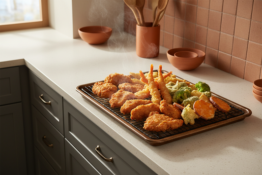 Assorted golden fried foods draining on a wire rack over a sheet pan