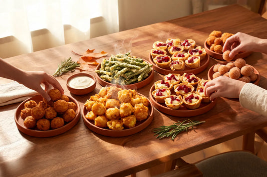 Friendsgiving table spread of fried stuffing balls, cheese curds, tempura green beans, cranberry brie wonton cups and cider donut holes on terracotta plates