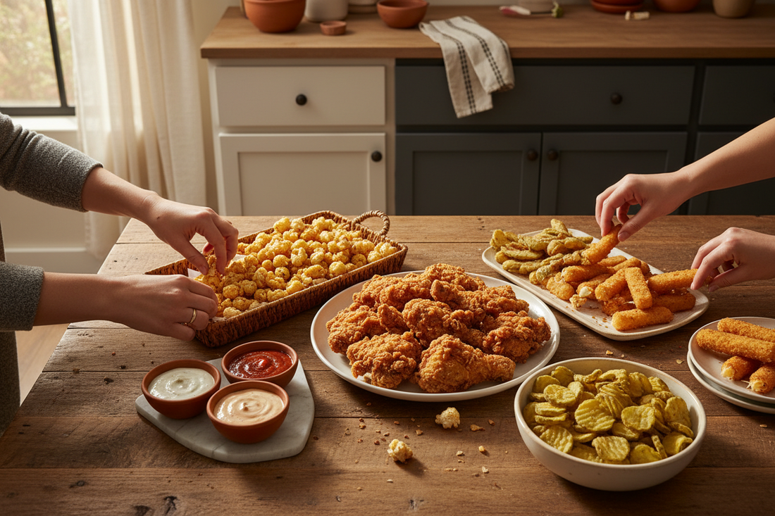 Friday fry night dinner spread on a family table with hands reaching in
