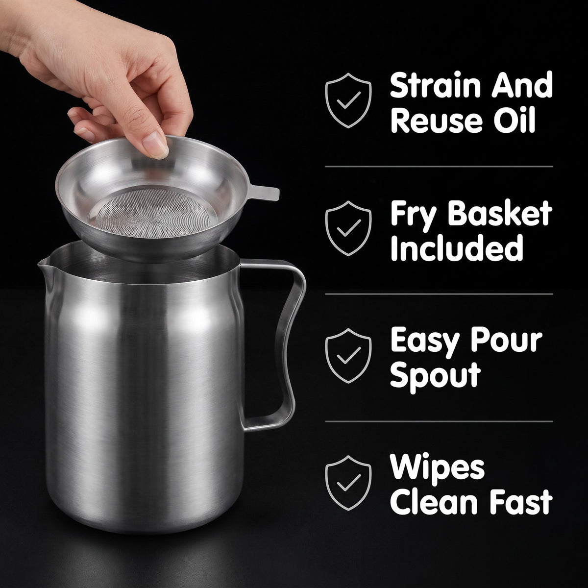 Strain and reuse oil, fry basket included