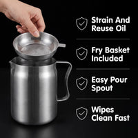 Strain and reuse oil, fry basket included