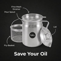 Fine mesh strainer, fry basket, pour spout and lid