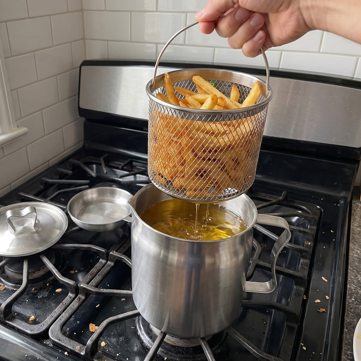 Lifting the fry basket out of the Oil Strainer Pot