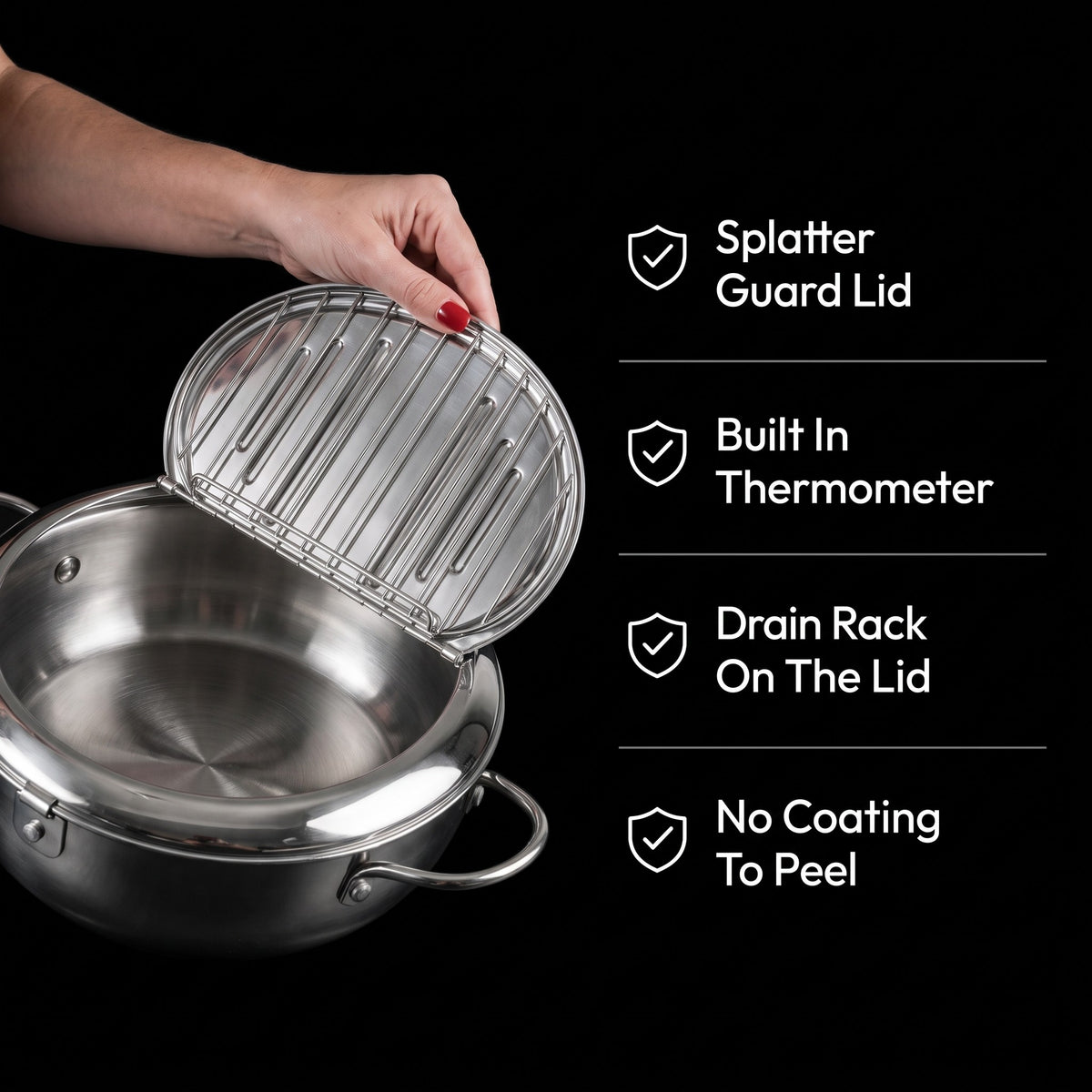 Karuya Fry Pot: splatter guard lid, built in thermometer, drain rack on the lid, no coating to peel
